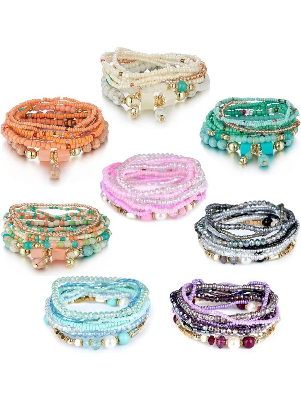 Bohemian Stackable Bead Bracelets Set for Women | Stretch Multi-Layered Boho